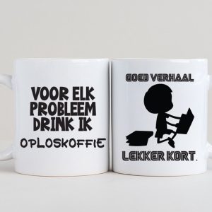2 Grappige koffiemokken - Oploskoffie + Goed verhaal lekker kort