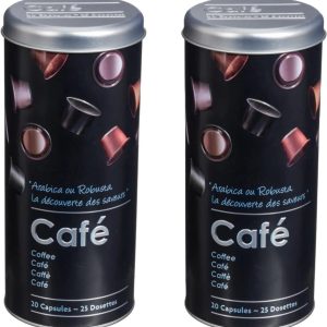 5Five Koffiecups bewaarblik - 2x - metaal - zwart/sfeer print - H26 cm - voor 20 tot 25 capsules