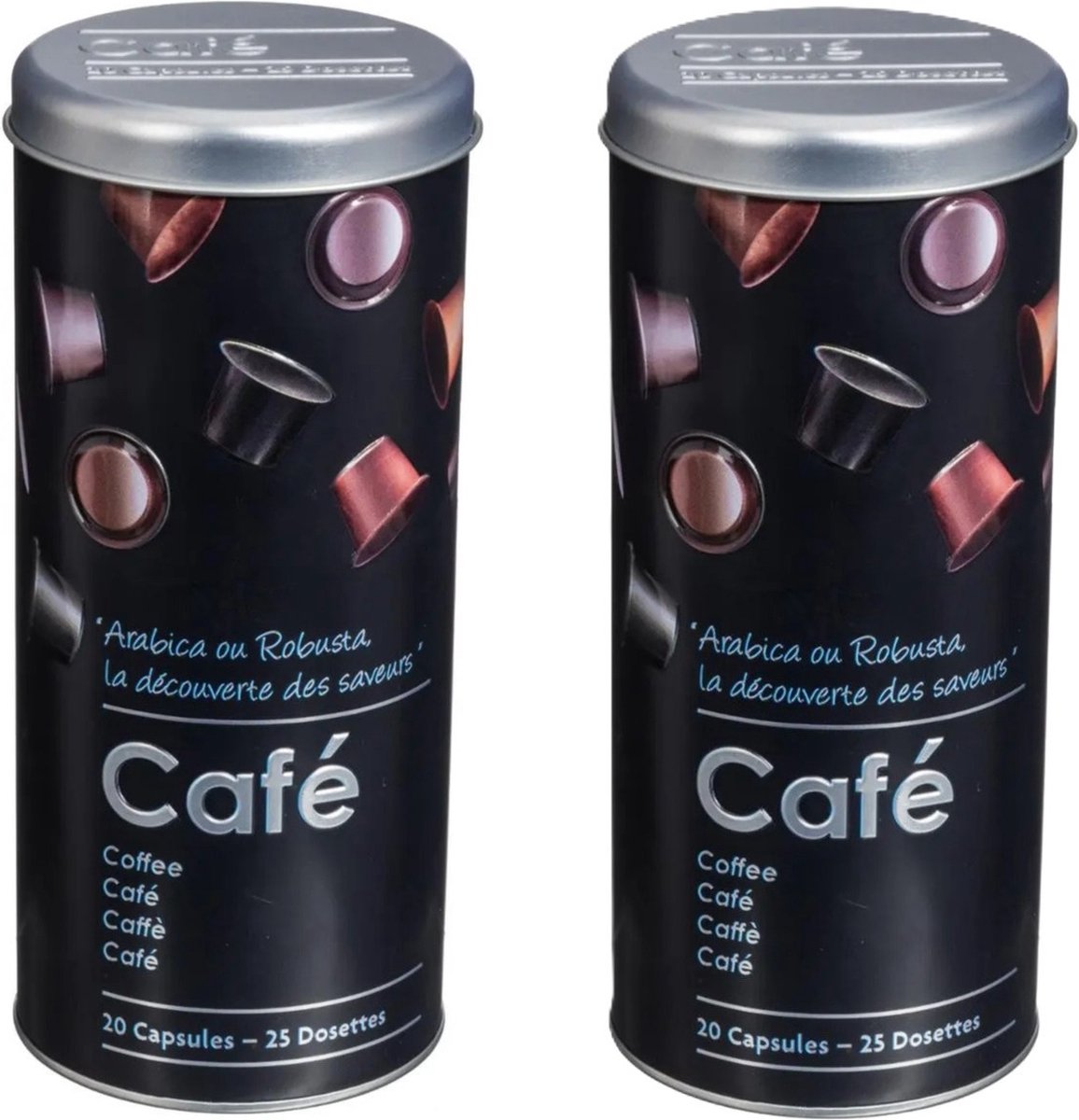 5Five Koffiecups bewaarblik - 2x - metaal - zwart/sfeer print - H26 cm - voor 20 tot 25 capsules