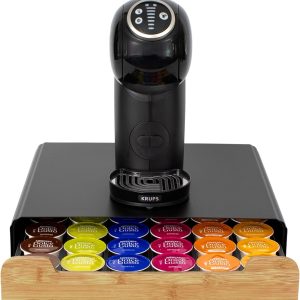 Capsulehouder met Lade - Koffiecups houder - Geschikt voor Dolce Gusto - 36 Cups - RVS - Zwart met Bamboe
