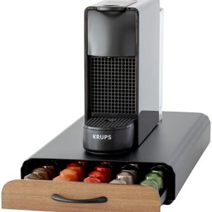 Capsulehouder met Lade - Koffiecups houder - Geschikt voor Nespresso - 50 Cups - RVS - Zwart met Bamboe Hout