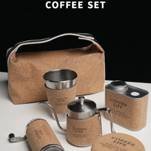 Koffiekopjes - Handkoffiemolen - Draagbare koffiezetapparaat - Draagbare koffieset- koffiekopjes set van 6-Draagbare Reis Koffieset: Perfecte Combinatie van Kurk en Roestvrij Staal