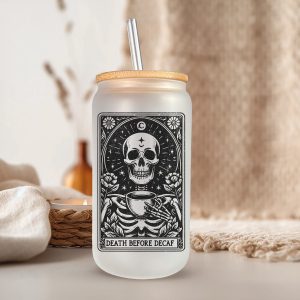 Tarot Death Before Decaf Glazen Drinkbeker met Glazen Rietje en Deksel - Bubble Tea - Koffiebeker - Koffieglas - Koffie glas - 500ml ijskoffie beker - Koffie beker - Mason Jar - Boba - Theebeker - Thee beker - Glazen Drinkbeker - Ijskoffie glas