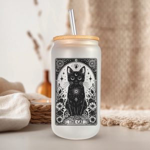 Tarot The Cat Glazen Drinkbeker met Glazen Rietje en Deksel - Bubble Tea - Koffiebeker - Koffieglas - Koffie glas - 500ml ijskoffie beker - Koffie beker - Mason Jar - Boba - Theebeker - Thee beker - Glazen Drinkbeker - Ijskoffie glas