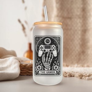 Tarot The Gamer Glazen Drinkbeker met Glazen Rietje en Deksel - Bubble Tea - Koffiebeker - Koffieglas - Koffie glas - 500ml ijskoffie beker - Koffie beker - Mason Jar - Boba - Theebeker - Thee beker - Glazen Drinkbeker - Ijskoffie glas