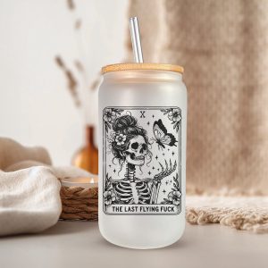 Tarot The Last Flying F*ck Glazen Drinkbeker met Glazen Rietje en Deksel - Bubble Tea - Koffiebeker - Koffieglas - Koffie glas - 500ml ijskoffie beker - Koffie beker - Mason Jar - Boba - Theebeker - Thee beker - Glazen Drinkbeker - Ijskoffie glas