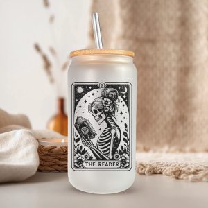 Tarot The Reader Glazen Drinkbeker met Glazen Rietje en Deksel - Bubble Tea - Koffiebeker - Koffieglas - Koffie glas - 500ml ijskoffie beker - Koffie beker - Mason Jar - Boba - Theebeker - Thee beker - Glazen Drinkbeker - Ijskoffie glas
