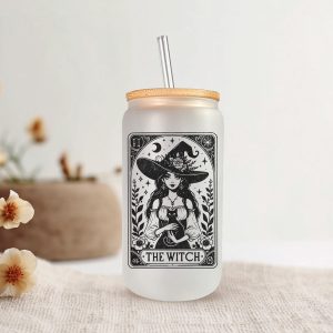 Tarot The Witch Glazen Drinkbeker met Glazen Rietje en Deksel - Bubble Tea - Koffiebeker - Koffieglas - Koffie glas - 500ml ijskoffie beker - Koffie beker - Mason Jar - Boba - Theebeker - Thee beker - Glazen Drinkbeker - Ijskoffie glas