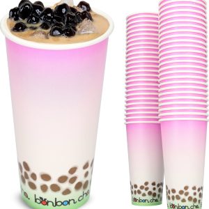 Bekers karton - Kartonnen mega bekers - Set van 50 bekers - Drinkbekers- Bubbelthee - 600 ML per bekers - Geschikt voor boba, matcha en ijskoffie! - Roze