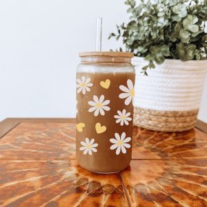 Libbey Glazen Drinkbeker 500ml met Deksel en Glazen Rietje - Koffiebeker - Koffie beker - Bloemen en Hartjes Drinkbeker voor Smoothies, Frisdranken, Koude Dranken en Ijskoffie Beker - Herbruikbare Koffiebeker voor Thuis en Onderweg - Glazen Tumbler
