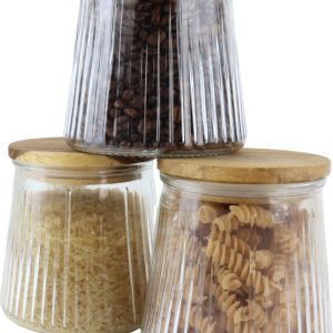 OTIX Voorraadpotten - Glas - met Deksel - Snoeppotten - Set van 3 - Voedselopbergers - Koffiepads Bewaarbus - Acacia Wood - 650ml - SIRIUS