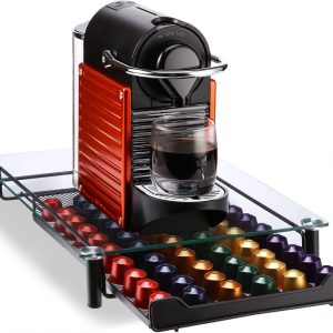 Behave Capsulehouder - Uitschuifbare lade - Glas - Cuphouder - Zwart - Geschikt voor 60 Nespresso capsules