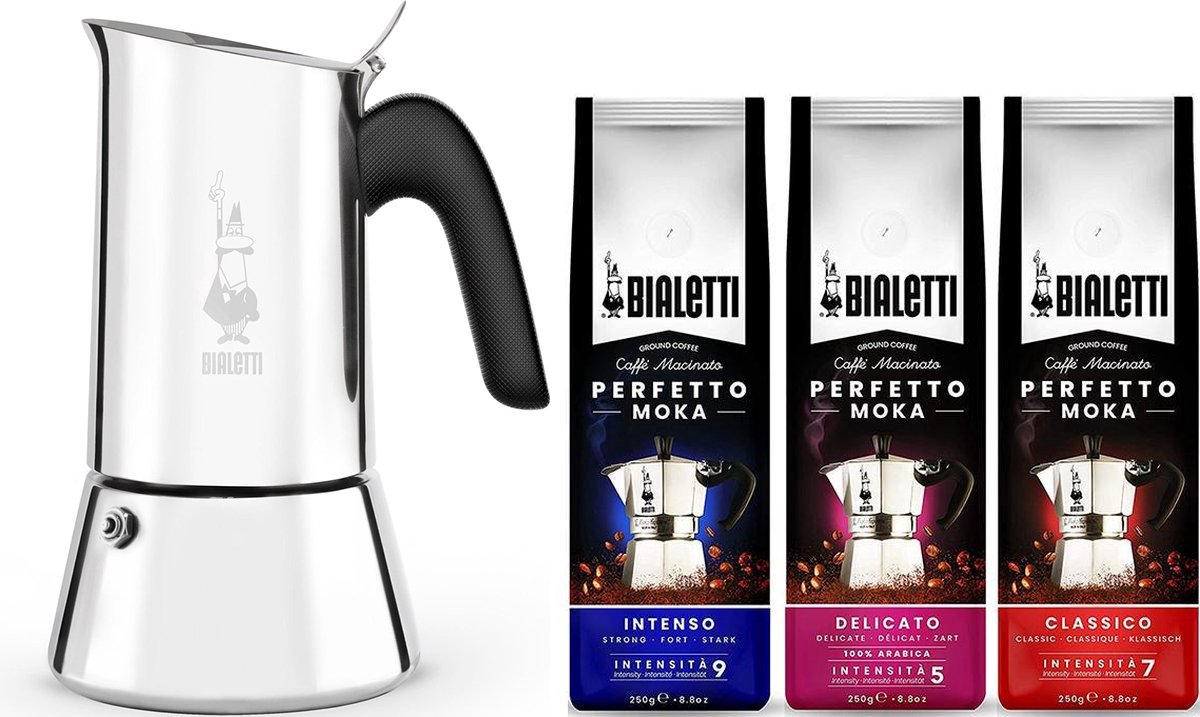 Bialetti Venus Percolator RVS 10 kops + Bialetti koffie proefpakket 3 x 250gr
