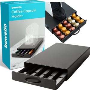 Capsulehouder met Lade Nespresso - Cups Houder voor 50 Koffie Capsules - Capsulehouders - RVS - Zwart - 365 x 214 x 60 mm