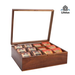 LifeLux Luxe Acaciahouten Theebox - 12 Vakken | Duurzame Houten Theedoos met Transparante Bovenkant | Stijlvolle Opbergdoos voor Theezakjes