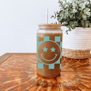 Smiley Blauw Glazen Drinkbeker met Glazen Rietje en Deksel - Bubble Tea - Koffiebeker - Koffieglas - Koffie glas - 500ml ijskoffie beker - Koffie beker - Mason Jar - Boba - Theebeker - Thee beker - Glazen Drinkbeker - Ijskoffie glas
