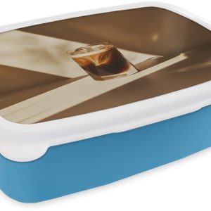Broodtrommel Blauw - Lunchbox Glas - Ijskoffie - Schaduw - Bruin - Brooddoos 18x12x6 cm - Brood lunch box - Broodtrommels voor kinderen en volwassenen