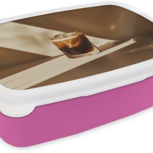 Broodtrommel Roze - Lunchbox Glas - Ijskoffie - Schaduw - Bruin - Brooddoos 18x12x6 cm - Brood lunch box - Broodtrommels voor kinderen en volwassenen