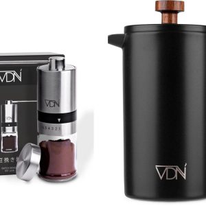 French Press Cafetiere & Handmatige Koffiemolen Set - 0.7L Dubbelwandige RVS Koffiepers + 6-standen Koffiebonen Maler met Stalen Schijven - Zwart - Complete Koffie-ervaring - VDN