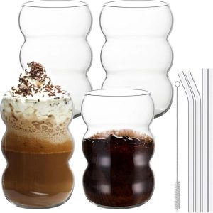 Geribbelde matcha drinkglazen set van 4 - 550 ml - Wave glazen - longdrinkglazen - met glazen rietjes - bubbelglazen - waterglazen - voor matcha - latte macchiato - ijskoffie - cocktails - frisdrank - whisky