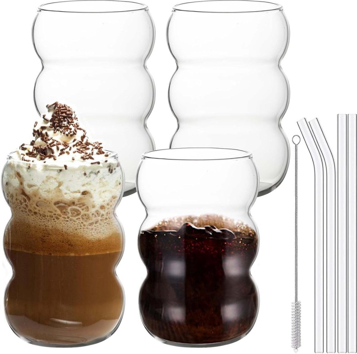 Geribbelde matcha drinkglazen set van 4 - 550 ml - Wave glazen - longdrinkglazen - met glazen rietjes - bubbelglazen - waterglazen - voor matcha - latte macchiato - ijskoffie - cocktails - frisdrank - whisky