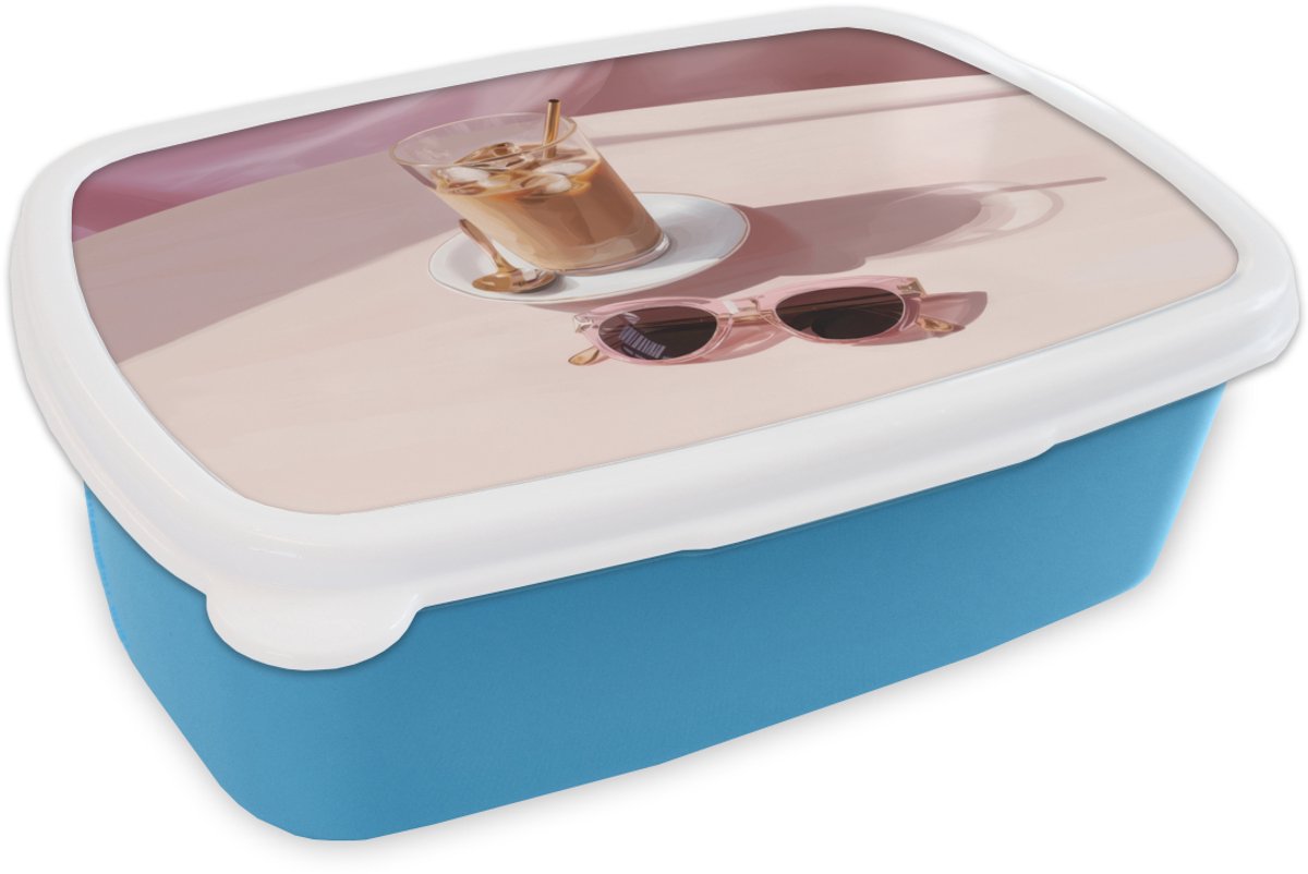 Broodtrommel Blauw - Lunchbox Ijskoffie - Zonnebril - Goud - Brooddoos 18x12x6 cm - Brood lunch box - Broodtrommels voor kinderen en volwassenen