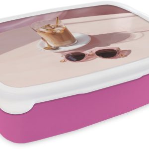 Broodtrommel Roze - Lunchbox Ijskoffie - Zonnebril - Goud - Brooddoos 18x12x6 cm - Brood lunch box - Broodtrommels voor kinderen en volwassenen