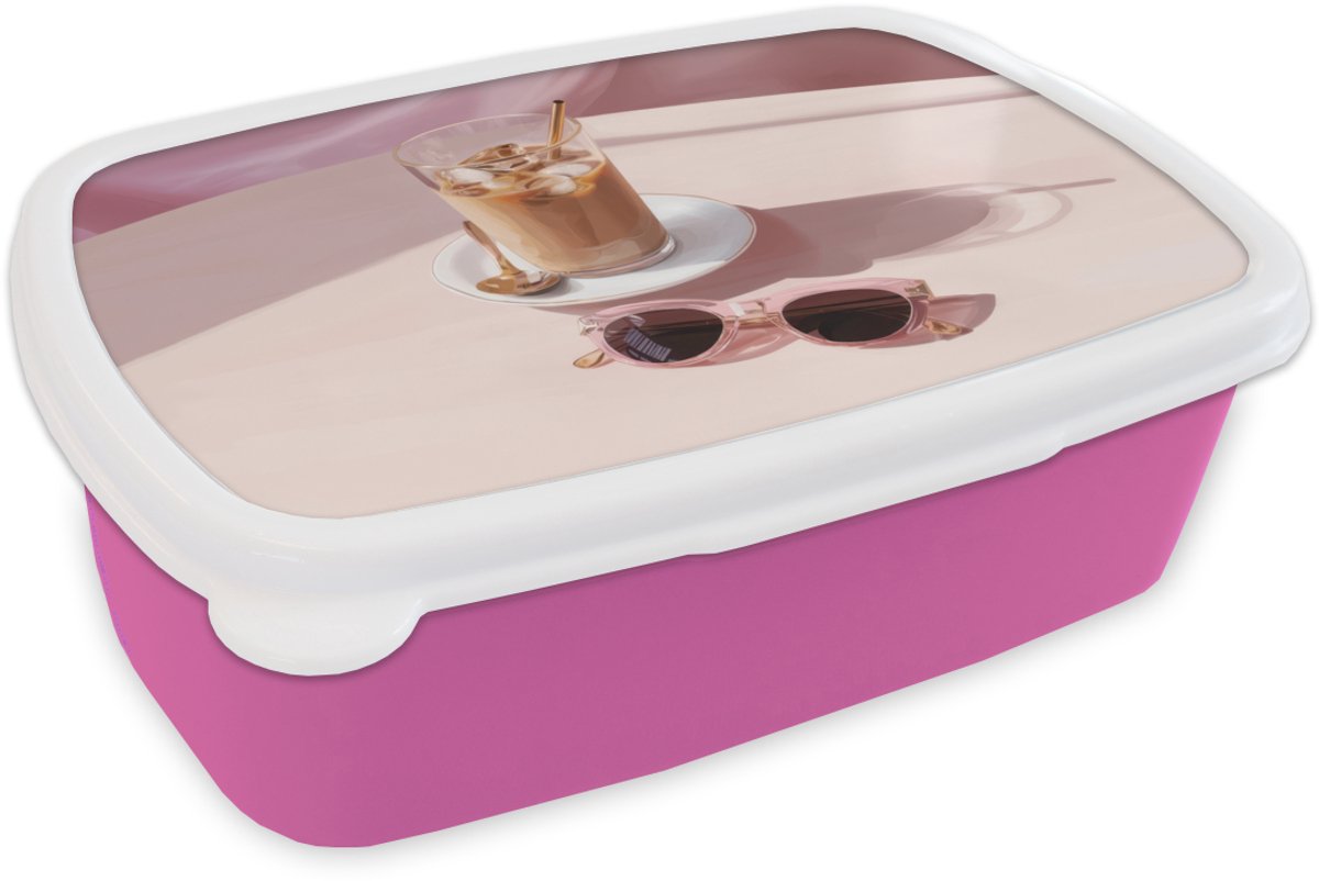 Broodtrommel Roze - Lunchbox Ijskoffie - Zonnebril - Goud - Brooddoos 18x12x6 cm - Brood lunch box - Broodtrommels voor kinderen en volwassenen