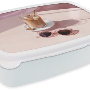 Broodtrommel Wit - Lunchbox Ijskoffie - Zonnebril - Goud - Brooddoos 18x12x6 cm - Brood lunch box - Broodtrommels voor kinderen en volwassenen