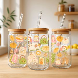 Creasowl® Libbey Glazen Drinkbeker 500ml - Mason Jar met Cozy Sweater Patroon - Herfst Drinkglas - Herbruikbaar Glas voor Warme Dranken, Chai, Latte, IJskoffie - BPA-vrij Hygge Beker - Duurzaam, Knus en Aesthetic Drinkglas