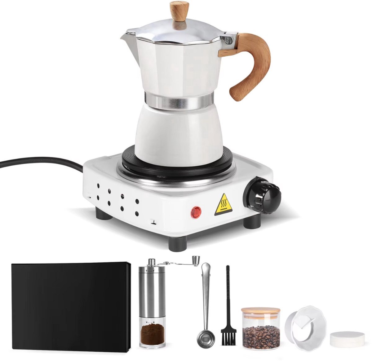 Espresso Tavien - koffiemaker - Wit - Percolator - Moka pot - Met Koffiemolen - Camping en thuisgebruik
