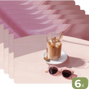 Placemats - 6 stuks - 45x30 cm - Placemat kunststof - Ijskoffie - Zonnebril - Goud - Borden onderleggers - Decoratie voor op tafel - Keuken tafeldecoratie accessoires - Vinyl onderlegger - Tafelversiering