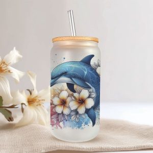 Dolfijn Glazen Drinkbeker - 500ml - Met Deksel & Glazen Rietje - Koffiebeker / Smoothiebeker / IJskoffie Glas - Herbruikbare Drinkmok