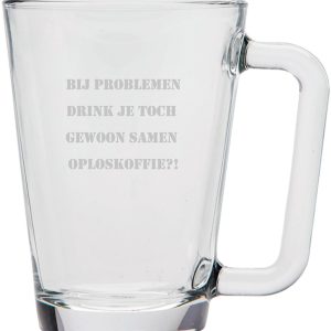 Gegraveerde Koffieglas 26cl Bij problemen drink je toch gewoon samen oploskoffie