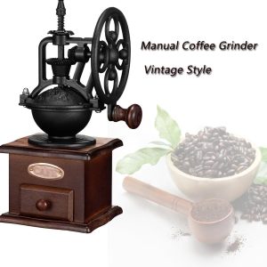 Handmatige koffiemolen, handbediende koffiemolen, koffiebonenmolen, koffiemolen voor thuis, vintage houten koffiedecoratie, vintage koffiezetapparaat