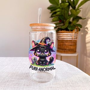 Kat Purr-anormal Glazen Drinkbeker met Glazen Rietje en Deksel - Bubble Tea - Koffiebeker - Koffieglas - Koffie glas - 500ml ijskoffie beker - Koffie beker - Mason Jar - Boba - Theebeker - Thee beker - Glazen Drinkbeker - Ijskoffie glas