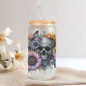 Witglazen Skull Drinkbeker met Bloemen - 500ml - Met Deksel & Glazen Rietje - Koffiebeker / Smoothiebeker / IJskoffie Glas - Herbruikbare Drinkmok
