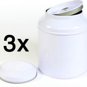 3 Stuks - Theeblik - Wit - Theeblik 100 gram - Rond - Theedoos - Theeblik met binnendeksel - Dubbele deksel - Theeblikken voor losse thee - Bewaarblik - Voorraadbussen - Opbergbak - Voorraadbus - Voor Losse thee, Kruiden, Specerijen en koffiebonen