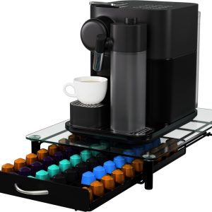 KitchenBrothers Koffiecups Houder - Capsulehouder - Geschikt voor Nespresso - 60 Cups - Cuphouder - Met Lade - Glas - RVS/Zwart