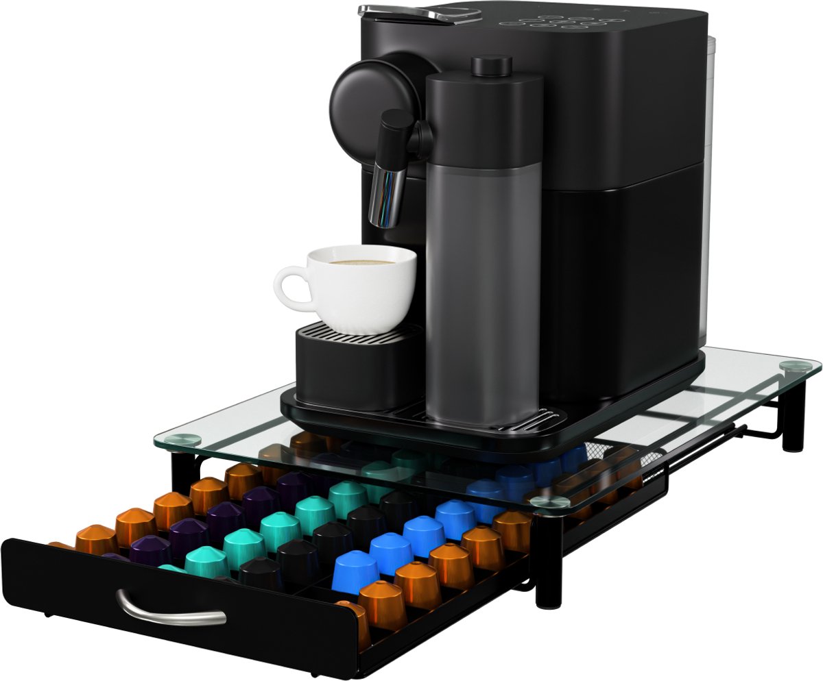 KitchenBrothers Koffiecups Houder - Capsulehouder - Geschikt voor Nespresso - 60 Cups - Cuphouder - Met Lade - Glas - RVS/Zwart