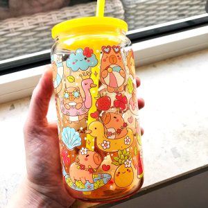Creasowl® Libbey Glazen Drinkbeker 500ml met Deksel en Rietje - Koffiebeker - Koffie beker - Theemok - Capybara Drinkbeker voor Smoothies, Frisdranken, Koude Dranken en Ijskoffie Beker - Herbruikbare Koffiebeker - Glazen Tumbler