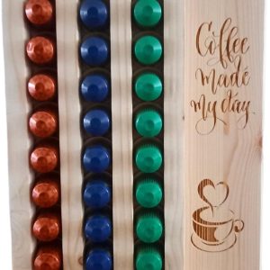Koffiecups houder|Luxe uitvoering|Vurenhout met (gebrande) decoraties|Geschikt voor alle kofficups waaronder Nepresso| Inhoud 30 cups|