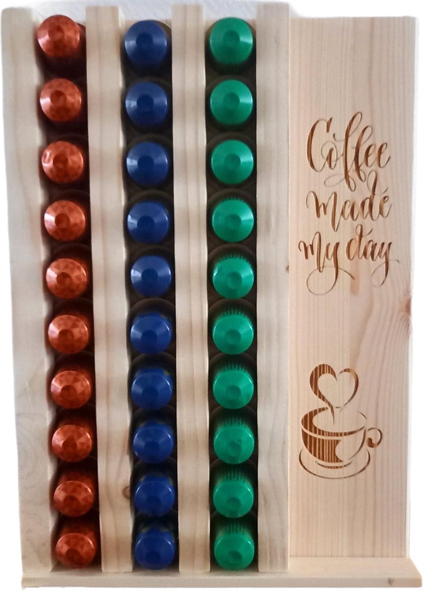 Koffiecups houder|Luxe uitvoering|Vurenhout met (gebrande) decoraties|Geschikt voor alle kofficups waaronder Nepresso| Inhoud 30 cups|
