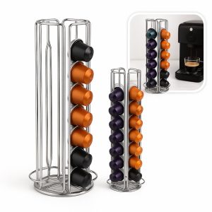 Lomera Draaibare Capsulehouder - Koffiecups Houder - 360 Graden Draaibaar - Anti Slip Onderzijde - Metalen Capsulehouder - Zilveren Capsulehouder - 7 Rijen Capaciteit - Compact Ontwerp - Lichtgewicht Houder