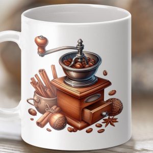 Mok Koffiemolen Illustratie, Retro Koffie, Kaneel, Anijs Design Koffiemok, Warme Drank Mok, Unieke Koffie Cadeau Ideeën, Koffie Liefhebbers