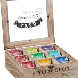 Theedoos 9 vaks - houten theekist met transparante deksel - voor theezakjes en koffiepads - HBD 9x24x25 cm natuur Theedoos