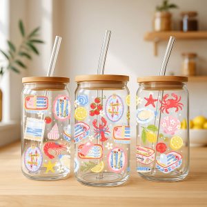 Creasowl® Libbey Glazen Drinkbeker 500ml - Mason Jar met Sardientjes Patroon - Herbruikbaar Drinkglas - Duurzaam Glas voor Smoothies, Water, Ijskoffie - Cadeau voor Visliefhebbers - Vrolijk Design - Glazen rietje - Glazen Beker met Visprint
