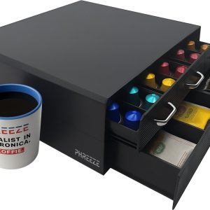 Phreeze - Capsulehouder - Geschikt voor Nespresso & K-Cups - Koffiecups Houder - 72-96 Cups - Cuphouder - Met 2 Lades - Zwart