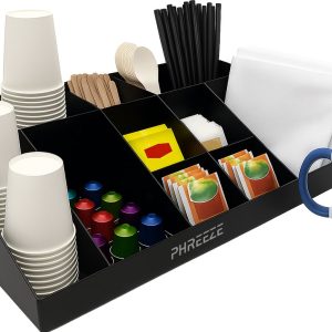 Phreeze - Koffie en Thee Organizer - Koffiestation met 11 Vakken - Robuuste Aanrecht Organizers - 11 Vakken - Universele Koffiecups Houder - Zwart