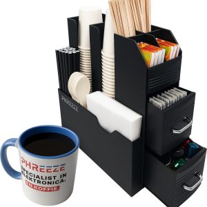 Phreeze Koffiecups Houder - Koffie en Thee Organizer - Koffiestation voor Aanrecht & Kantoor - Met 2 Lades - Staand - Zwart